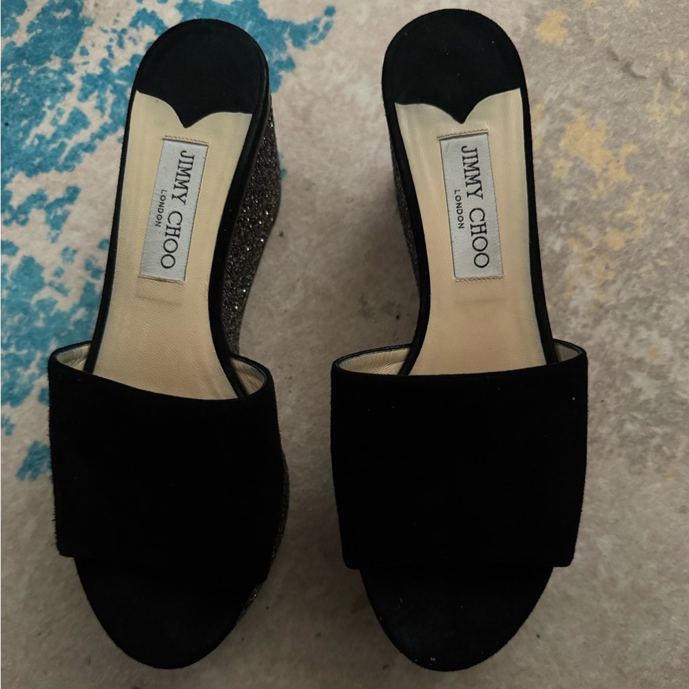 Jimmy Choo Black Suede Open-Toe Mules with Glitter Wedge Sandals EU38.5 US8-8.5